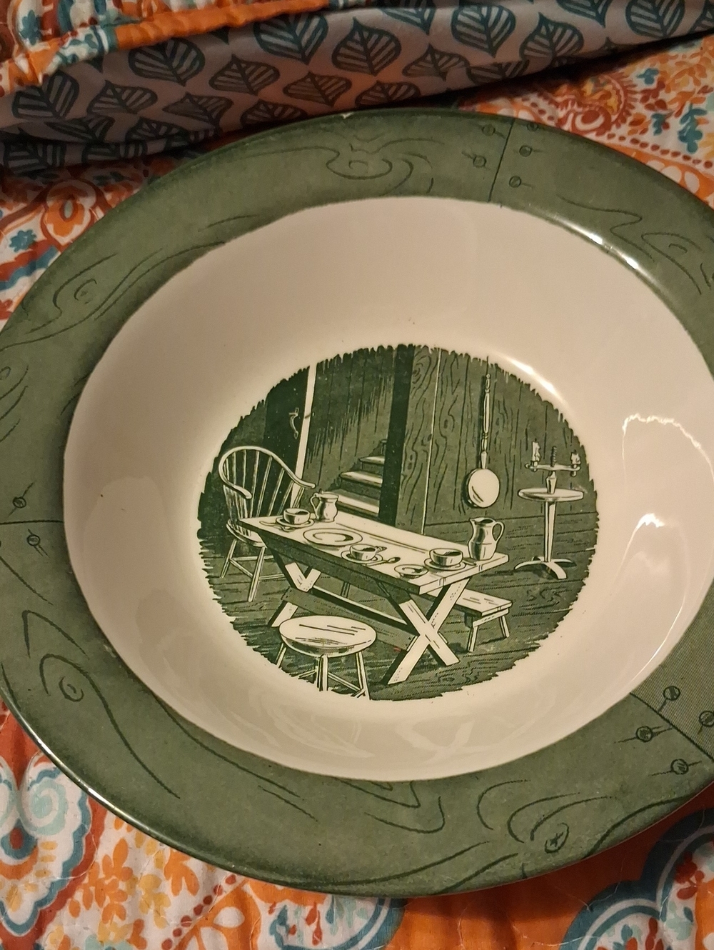 Royal Doulton Green and White Illustrated Serving Bowl with Rustic Scene